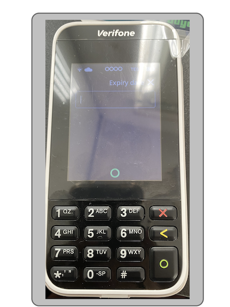 Entering the card's expiry date in the Ayden terminal on a Verifone device.