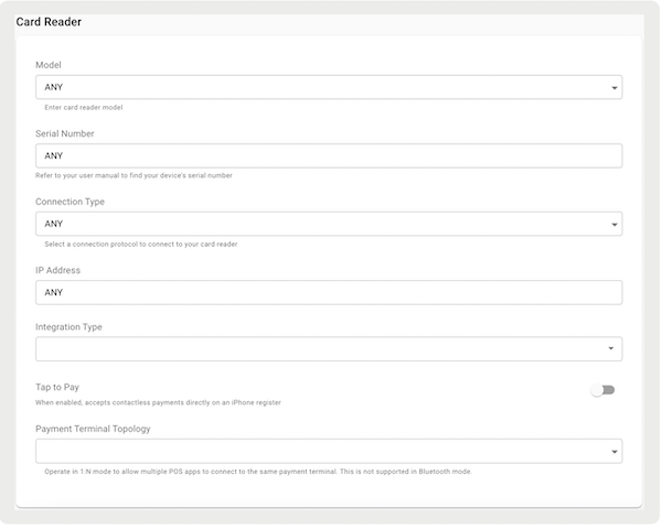 The Card Reader section of Point of Sale CMS, where you set the integration type