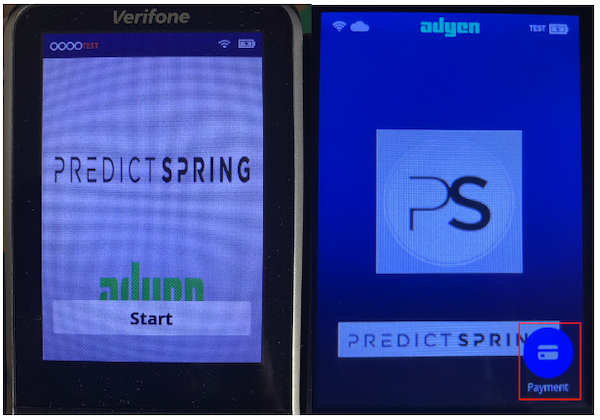 The Ayden terminal with the start icon on one screen and the payment icon on another screen.