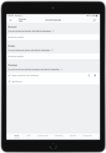 The POS app showing the Ayden terminal connected.