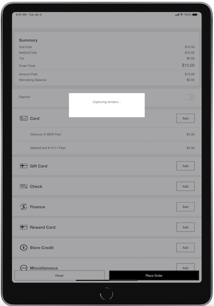 The POS app showing that it's taking payments from multiple tenders.