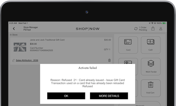 An error message that appears in the POS app if a card that you're trying to activate is already active.