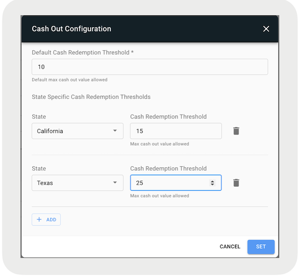 Add a threshold for users to redeem cash on a gift card, by US state.