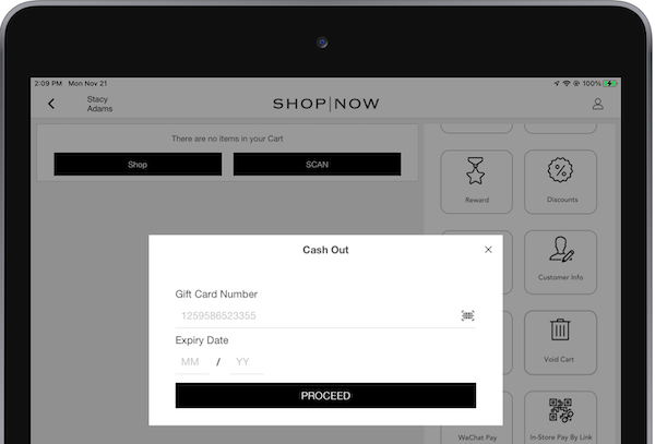 The window that allows you to start cashing out a gift card in the POS app.