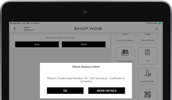An error message that occurs when the gift card isn't active and someone tries to use it.
