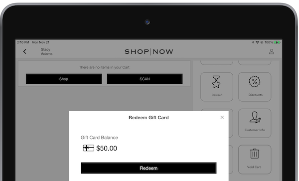 A message in the POS App that shows the gift card balance.