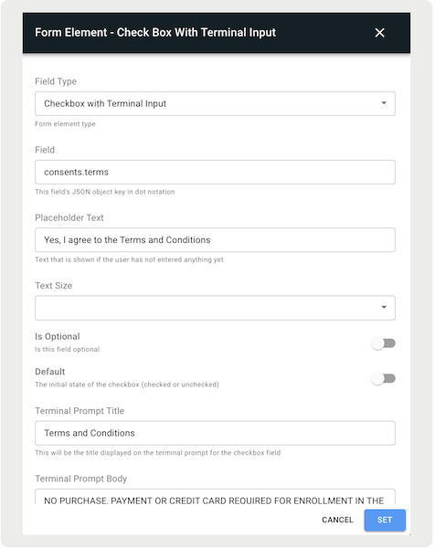 The Terms and Conditions checkbox turned on with the Placeholder Text in the CMS.