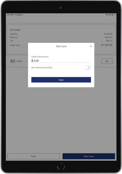 A window in the POS app for manually entering your credit card amount and turning on the Allow Manual Card Entry setting.