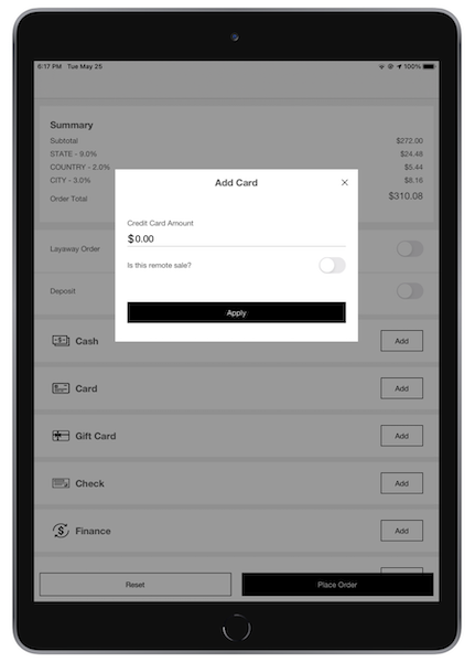 Payment startng in the Ayden terminal in the POS App on an iOS device.