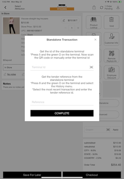 The popup window in the POS App to complete the Standalone transaction.