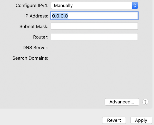 The IP address configuration section in the Network Settings on a Mac.