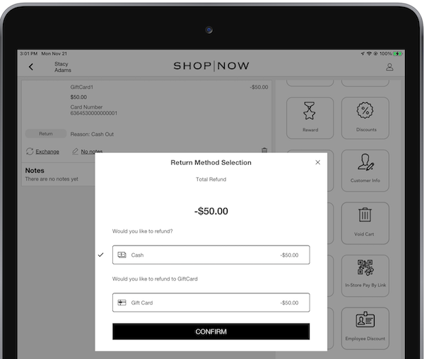 Confirming the Refund Method and amount on the gift card in the POS app app.