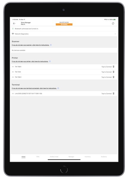 The Device Manager in the POS app where you can tap to connect the terminal.