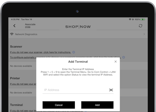 THe POS App prompting you to add the IP address of the Verifone Terminal.
