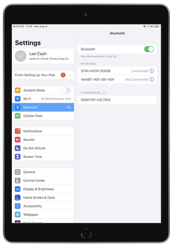 iOS settings showing a connected mPop printer