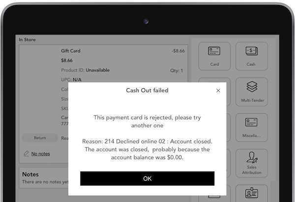 An error message in the POS app that shows when a ValueLink account doesn't have any money in it.