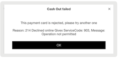 A declined transaction message in the POS App.