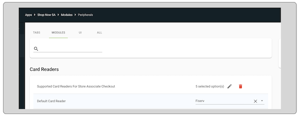 Fiserv listed as the default card reader in the Mobile COnfiguration Settings section.