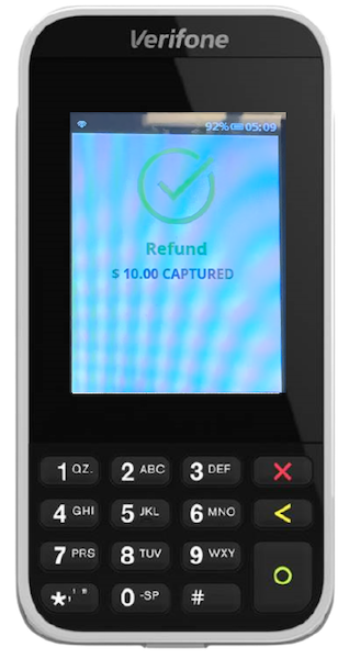 A Verifone terminal showing a refunded charge message.