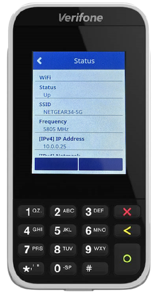 The Verifone Terminal showing the Wi-Fi's IP address