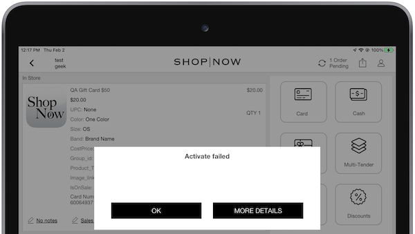 An error message in the POS app that shows the card failed to activte but no other information.