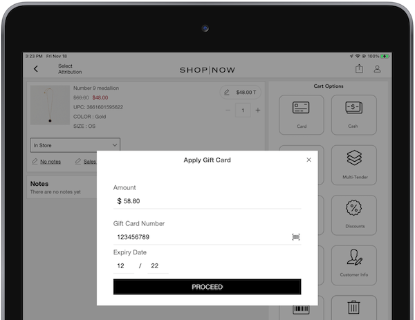 A window in the POS app for entering your gift card number and the amount.
