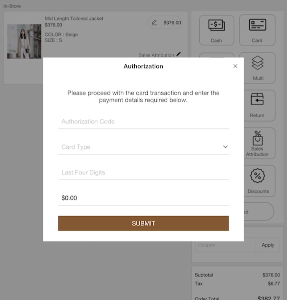 The Authorization window after you add your card and try to make a payment.
