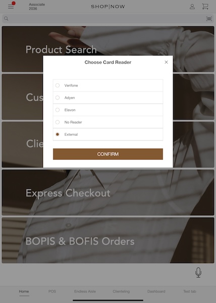 The Choose Card Reader window in the POS app, with External selected.