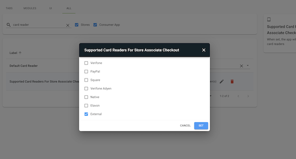 The External option checked in the Supported Card Readers for Store Assocaite Checkout wndow in Point of Sale CMS.