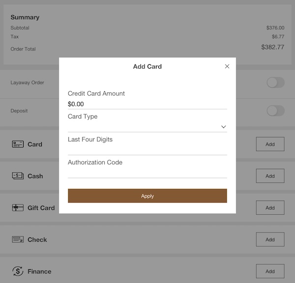 The Add Card window in the POS app.