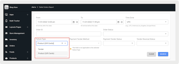 The Failed Orders Report screen in Point of Sale CMS showing the failure type.