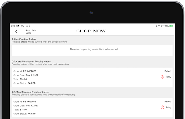 The POS app showing failed gift card orders.
