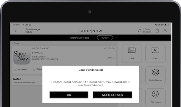 An error message in the POS app that says gift card funds didn't load.