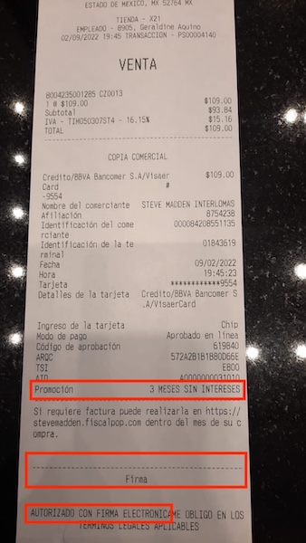 A Fiserv receipt with additional elemnts highlighted that are unique to Fiserv