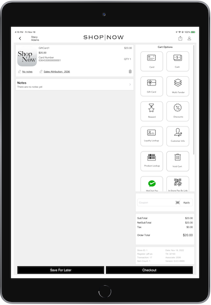 The Gift Card added to the cart in the POS app.