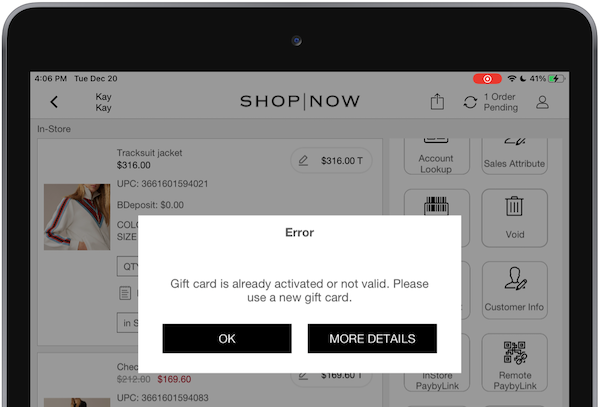 An error in the POS app indicating that a gift card is already in use or not valid.