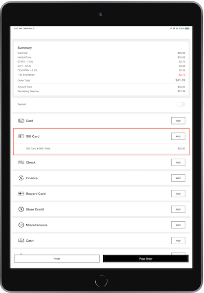 The POS App showing a gift card in multitender payment flow.