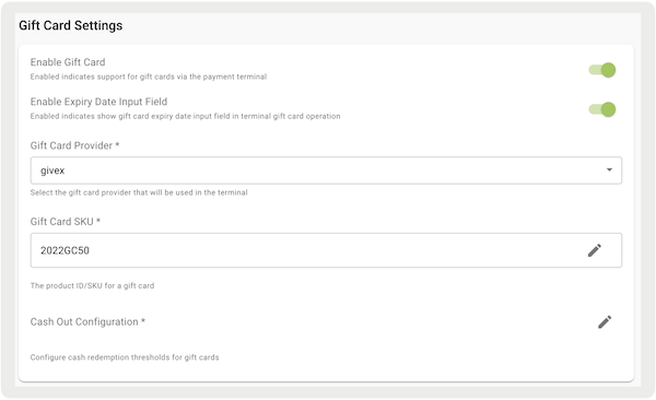 The Gift Card Settings section with Gift Card Provider, Gift Card SKU, and Cash Out Configuration set.