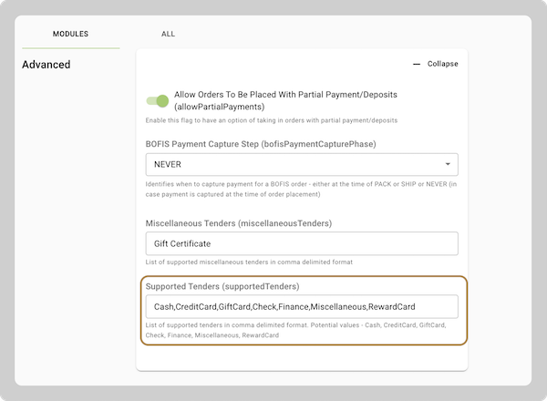 The Supported Tenders option configured with GiftCard as a method.