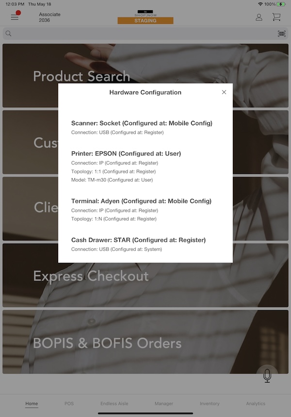 The Reguster Hardware Configuration screen in the POS app.
