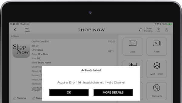 An invalid channel message in the POS app.