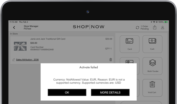 An error message that occurs when you try to add an unsupported currency to a gift card.