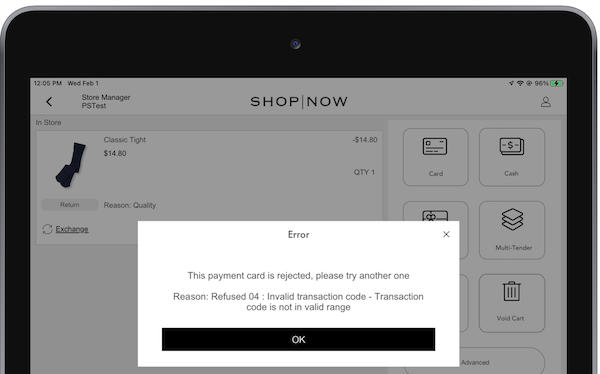 A rejected payment message in the POS app.