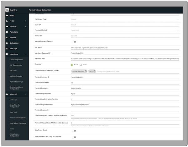 The Ayden Terminal Payment Gateway Configuration page, with the Manual Credit Card Entry on Terminal setting turned off.