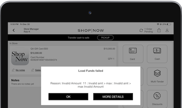 An error message that occurs when a gift card reaches its maximum load limit.