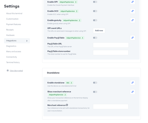 A list of modifications in the Integrations section of the Stnadalone Mode settings.