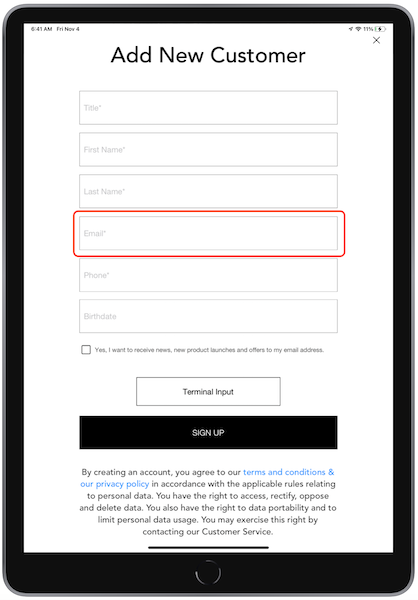 The Add New Customer screen on the POS app with the Email field highlighted.