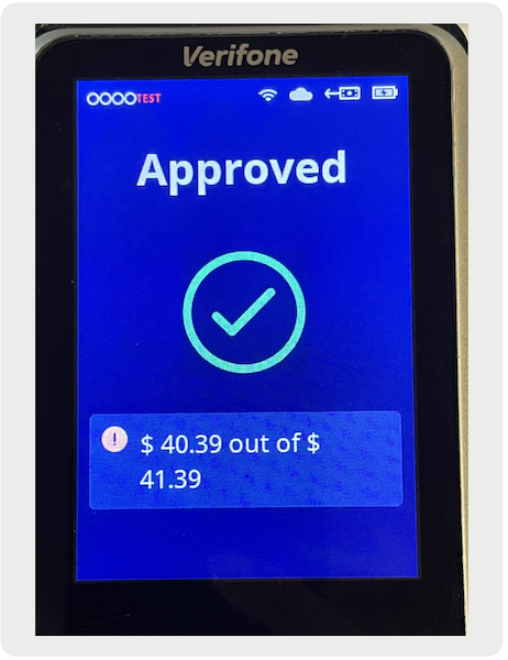 The Ayden terminal showing an approved payment for less than the total amount owed.