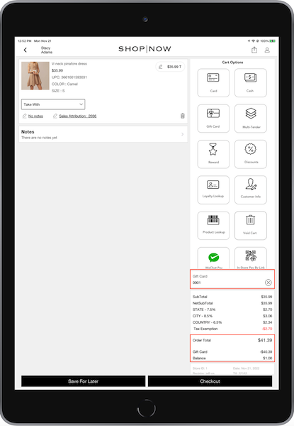 A partial gift card payment shown in the POS App, along with the X to remove the card if needed.