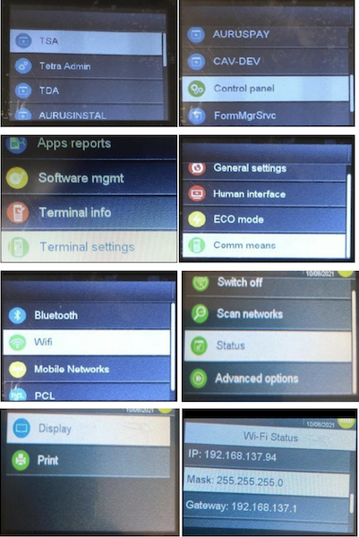 A series of screenshots that show the path to navigate to the Wi-Fi status on an Aurus device.